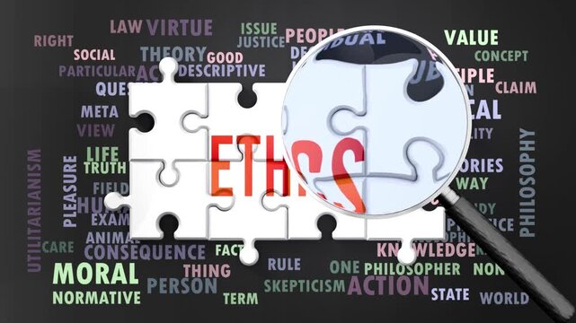 Ethics under magnifying glass, being researched, studied and examined. Most important subjects and ideas closely related to ethics presented as a word cloud. Complexity of ethics. Can be looped.