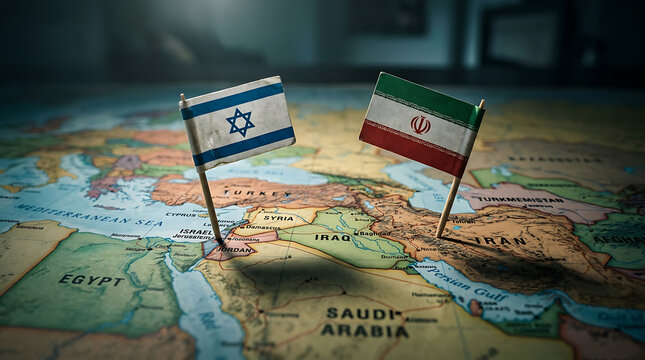 Israeli and Iranian flags on Middle East map highlighting complex geopolitical relations and
