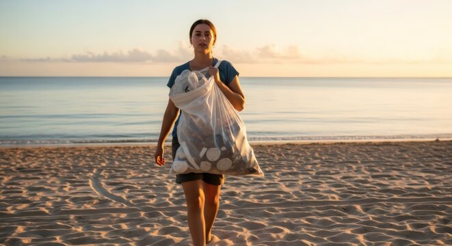 Woman volunteer walking on beach with bag full of plastic trash. Environmental activist cleaning seacoast. Recycling concept and ecology protection of ocean from pollution.