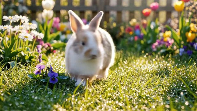 Cute fluffy bunny rabbit hopping on the green grass of a beautiful spring garden filled with blooming flowers.