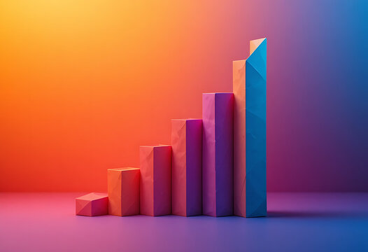 Colorful 3 d bar graph with gradient background, increasing bars