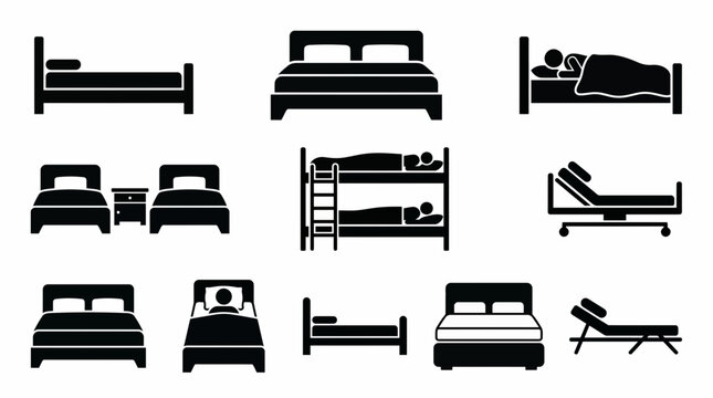 Collection of diverse bed icons including single, double, twin, bunk and hospital beds, some with sleeping figures, illustrating hotel accommodation and healthcare services