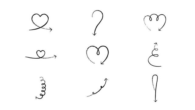 Curved and heart shaped animated grunge doodle arrows set. Freehand sketchy elements animation in rough brush stroke style. Simple hand drawn overlays motion graphic. Distressed pointers 4K video pack