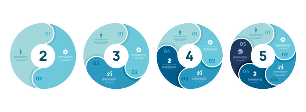 Circle diagram infographic set. Circular chart 2-5 steps options. Process chart, cycle diagram for business presentation, vector illustration.