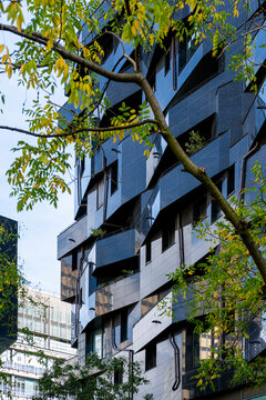 Tree branches cross an angular Paris apartment block in Rive Gauche as residential balconies step along the facade toward blue sky.