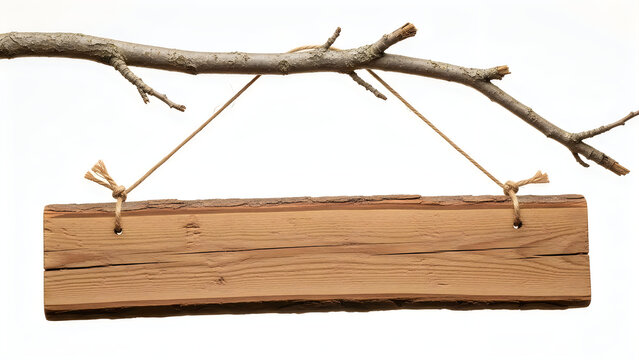 Wooden sign hanging from a tree branch with twigs