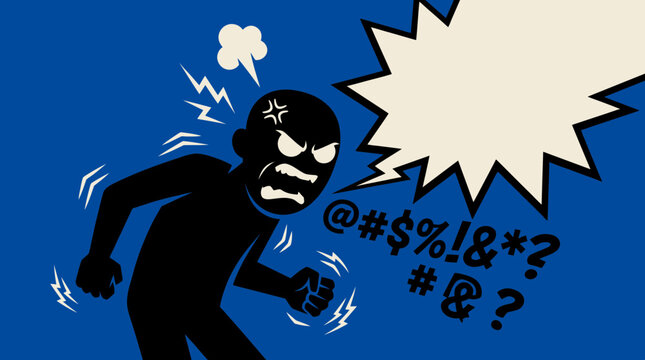 Stylized black figure expressing extreme anger and shouting loudly with expletive symbols on a dark blue background, representing emotional outburst or communication breakdown