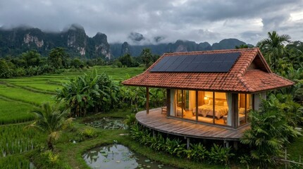 Obraz premium Cozy Eco-Friendly Home Surrounded by Lush Greenery and Mountains