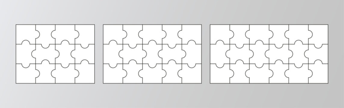 3 Puzzle grids infographics collection. Process diagram presentation. Puzzles with different sizes. Jigsaw business chain infographic. Business info graphic with steps, parts. Vector illustration