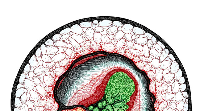Microscopic Wonder Style. a cross-section of a maki roll as a vibrant ecosystem, view of textures like nori fibers, fish marbling, in a vibrant yet palette of crimson, emerald, ebony