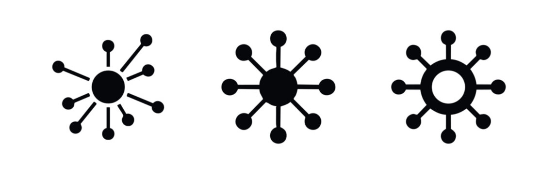 Set of three black minimalist icons representing network hubs and nodes, symbolizing connectivity, data distribution, and digital communication.