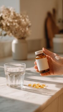 Berberine daily supplement routine with capsules and water glass in clean minimal lifestyle setting