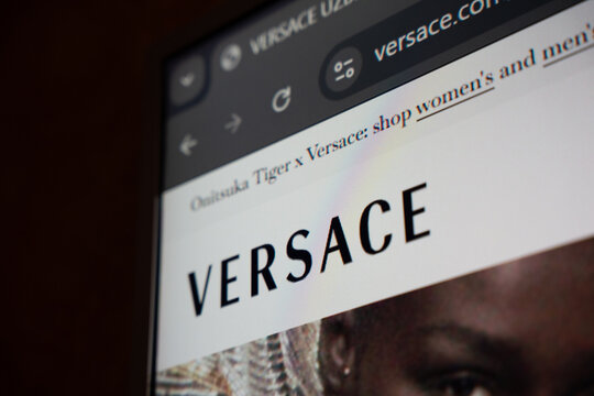 18 April 2026 - Tashkent, Uzbekistan: Close up view of Versace website on digital screen showing fashion logo and browser interface elements.