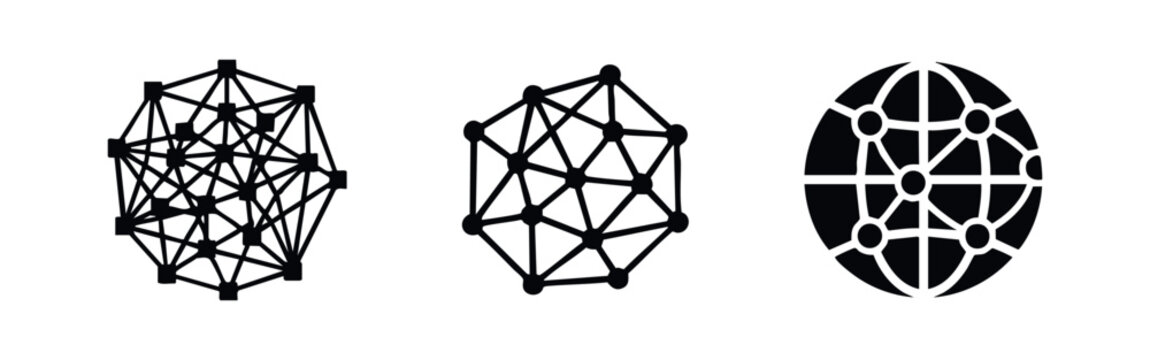 Set of black network and connectivity icons representing data mesh, node structure, and global internet connection on a white background.