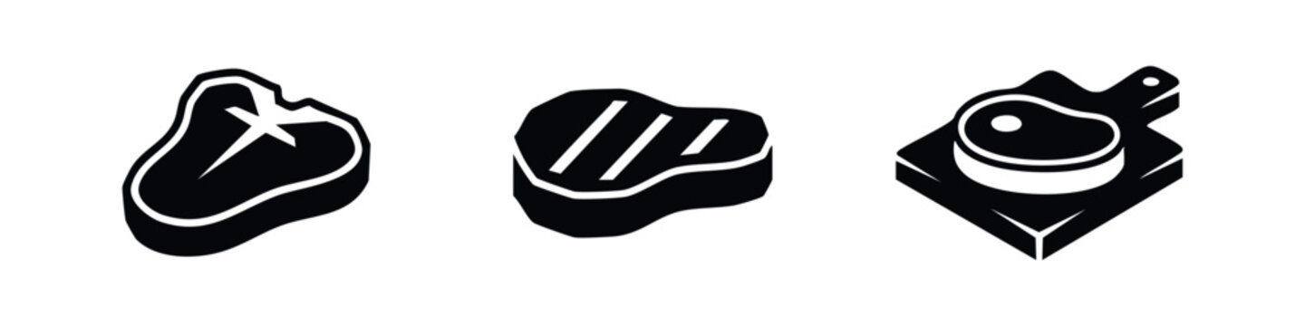 Minimalist black and white isometric icons of various steaks, including T-bone, grilled meat, and steak on a cutting board, on a white background.