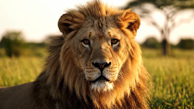 Majestic lion walking through golden savannah grass