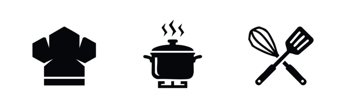 Set of black chef and kitchen icons featuring a toque hat, steaming pot, and crossed whisk and spatula on a white background.