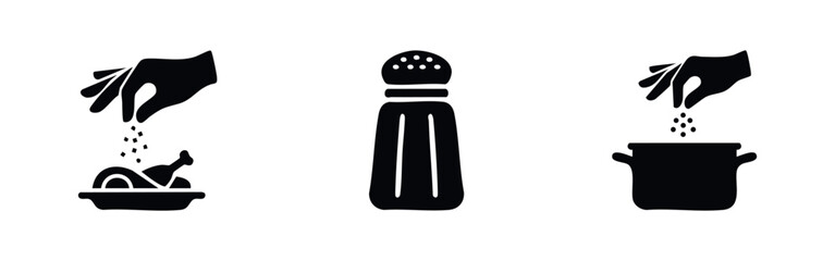 Black and white icon set featuring hands sprinkling salt onto food and into a pot, alongside a classic salt shaker. © Lili