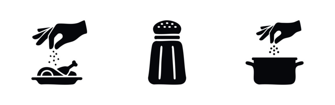 Black and white icon set featuring hands sprinkling salt onto food and into a pot, alongside a classic salt shaker.