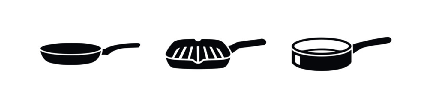 Set of minimalist black frying pan icons featuring a classic skillet, a grill pan, and a deep saute pan, isolated on a white background.