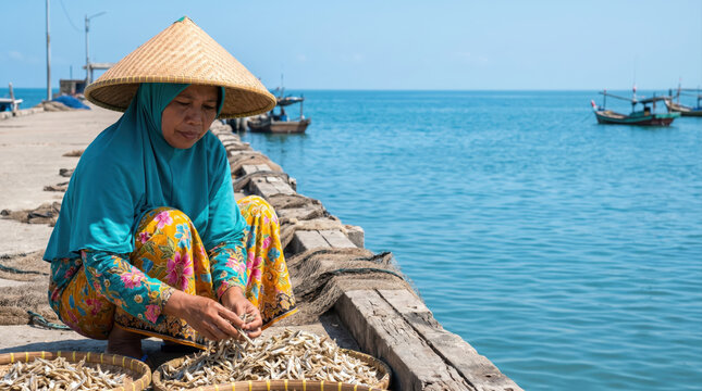 Southeast Asian Woman in Traditional Conical Hat Sorting Dried Fish on Wooden Pier by Ocean