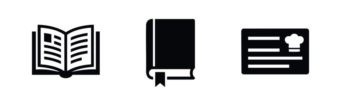 Three minimalist black icons including an open book, a book with a bookmark, and a recipe card. Ideal for educational and culinary design projects.