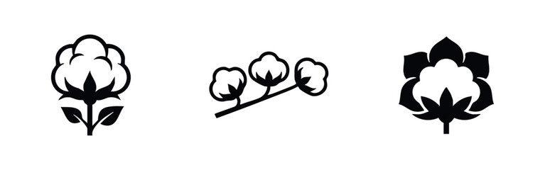 Set of black cotton plant icons on a white background. Minimalist cotton boll symbols for textile, organic, and natural fabric concepts. © Lili