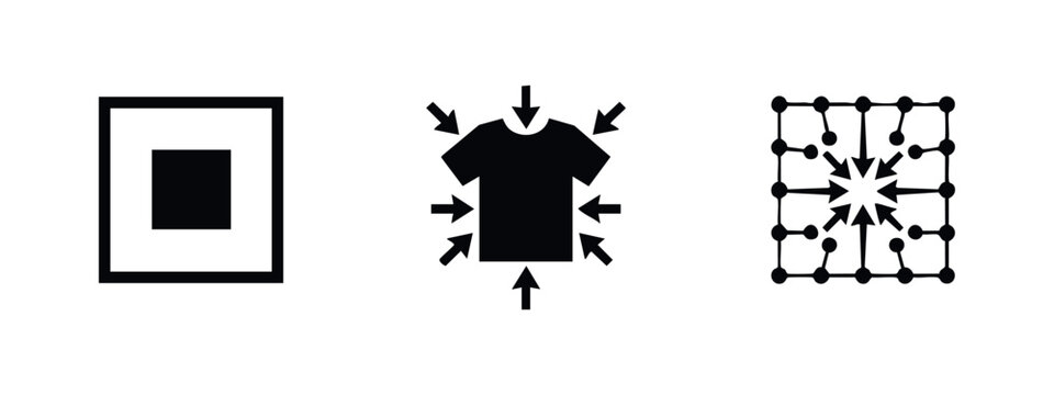 Set of three minimalist black icons on white illustrating concepts of compression, slimming garment fit, and data centralization.