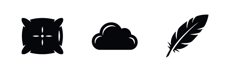 Fototapeta premium Set of minimalist black icons featuring a soft pillow, a fluffy cloud, and a light feather, representing comfort, sleep, and relaxation.