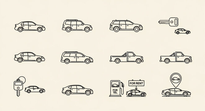 Collection of Hand Drawn Car Icons and Transportation Symbols.