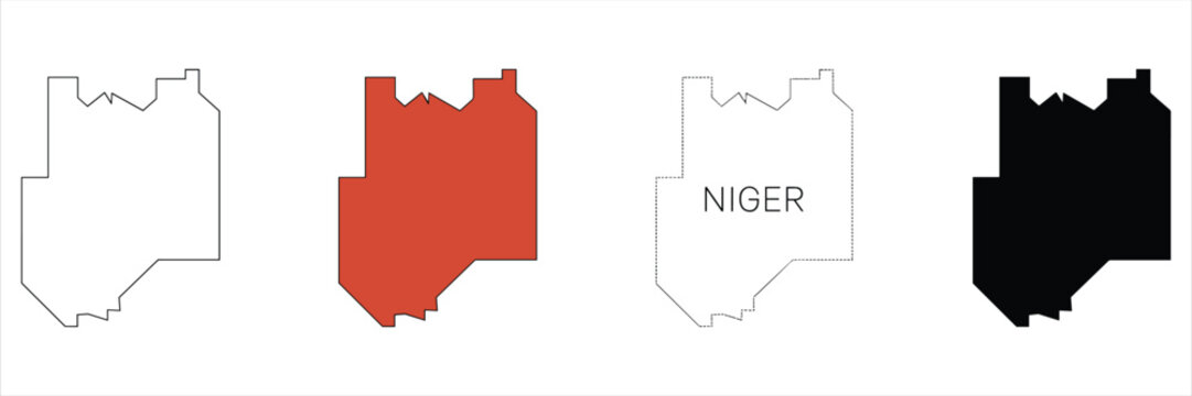 Four stylized map outlines of niger in black, white, and red
