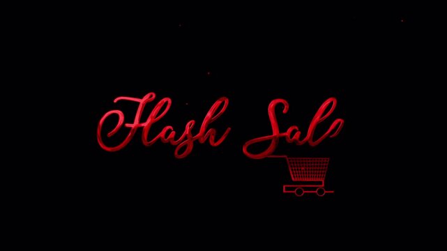 Red 3D "Flash Sale" animated handwriting with shopping cart and ink splash. ProRes 4444 alpha channel for seamless transparent overlay. Perfect for e-commerce promo.