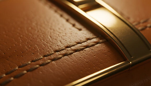 Close view of a gold metal clasp on a brown leather surface with stitching details in soft lighting