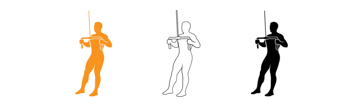 Fitness exercise illustration set lat pulldown machine workout in orange outline and silhouette styles