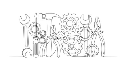 Obraz premium Continuous line drawing of various tools and gears, symbolizing mechanics and engineering.