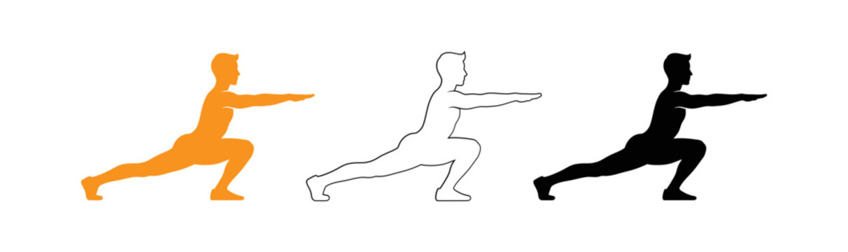 Three silhouettes of a person in a martial arts stance orange outline and black versions