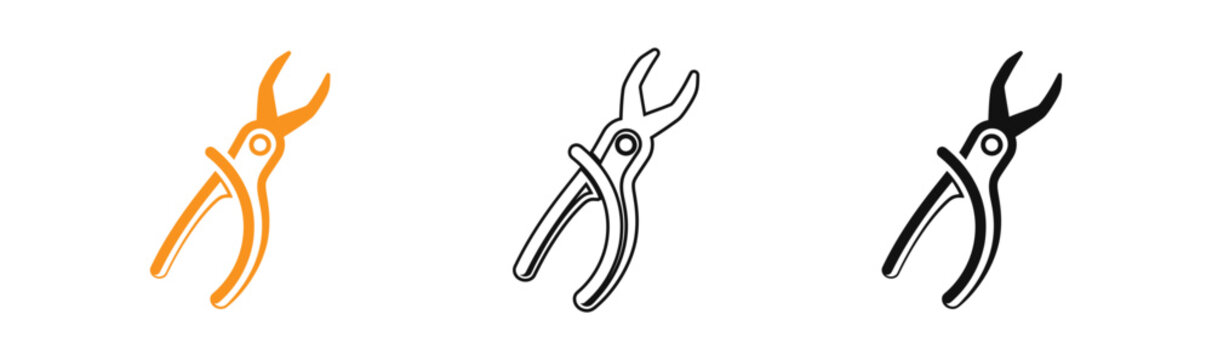 Three variations of locking pliers illustrations color outline and silhouette depictions for technical documentation and design projects