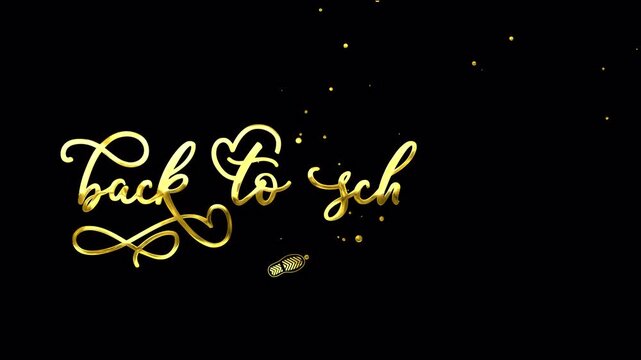 Golden "back to school" animated handwriting with ink splatters & shoe prints. ProRes 4444 alpha channel for seamless overlay. Ideal for stylish education promos.