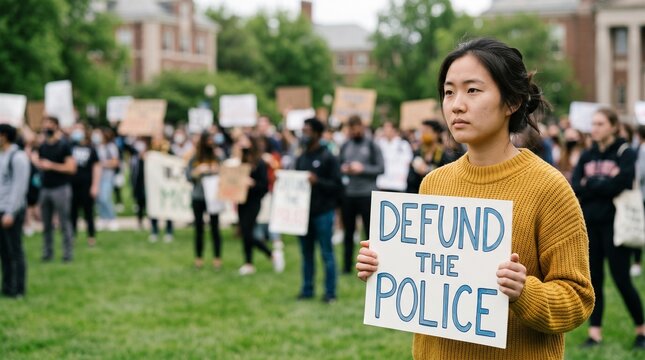 Young Asian woman holding protest sign at a diverse social justice rally.