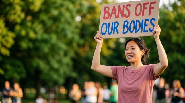 Asian woman holding protest sign regarding body autonomy rights at rally.