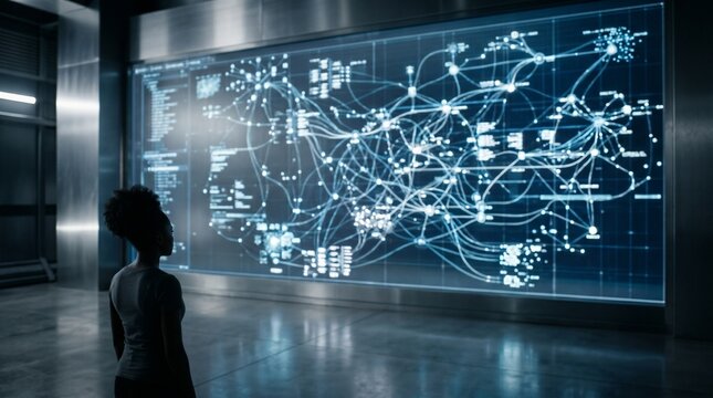 African American woman analyzing complex data network on large digital display