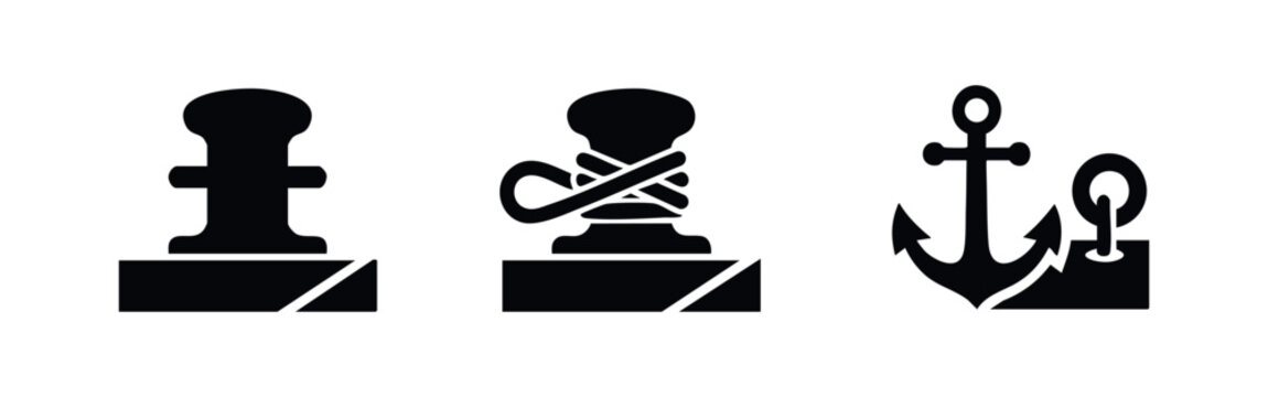 Harbor Bollard and Anchor Maritime Icons Set