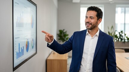 Fototapeta premium Hispanic businessman pointing at data charts on screen during presentation in office.