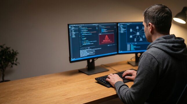 Male programmer coding and debugging software on dual monitors in home office.