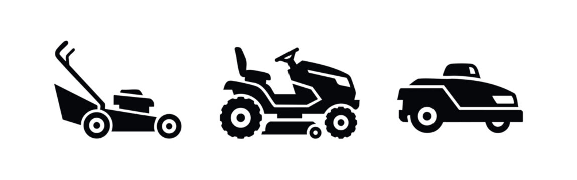 Lawnmower Icon Set Featuring Push Riding and Robotic Models
