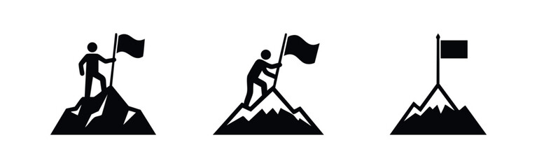 Obraz premium Success and Achievement Icons Showing Person Planting Flag on Mountain Peak Summit