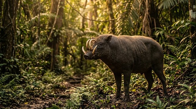 A rare babirusa standing in the lush tropical rainforest under golden sunlight.