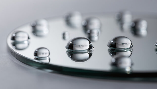 Water droplets on mirror glass surface silver horizontal