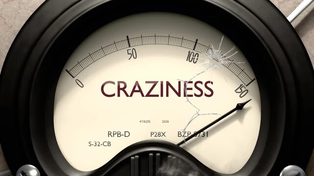 Craziness meter showing big levels of craziness. Dangerously increasing high values of craziness, critical overload. Too much, off the charts. Max craziness