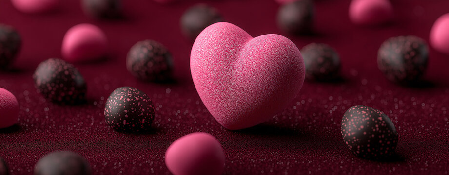 -3d rendering of a valentine's day background with a large pink heart and many small chocolate hearts on a dark red background, in a top-down pattern